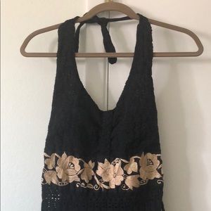 Black halter light gold flower detail embroidered dress